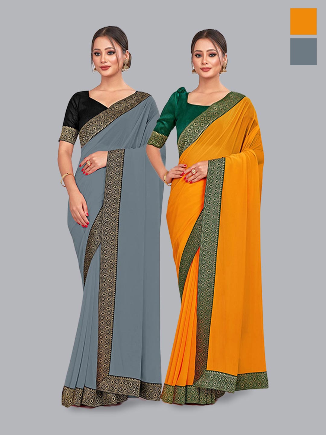 

CastilloFab Selection Of 2 Pure Georgette Zari Saree, Grey