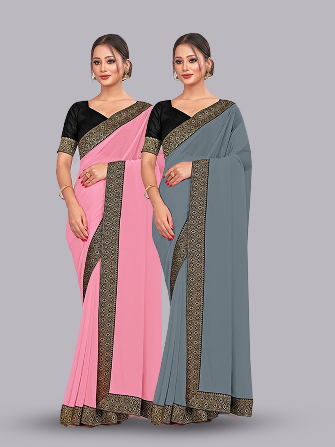 

CastilloFab Pure Georgette Lace Border Zari Saree, Pink