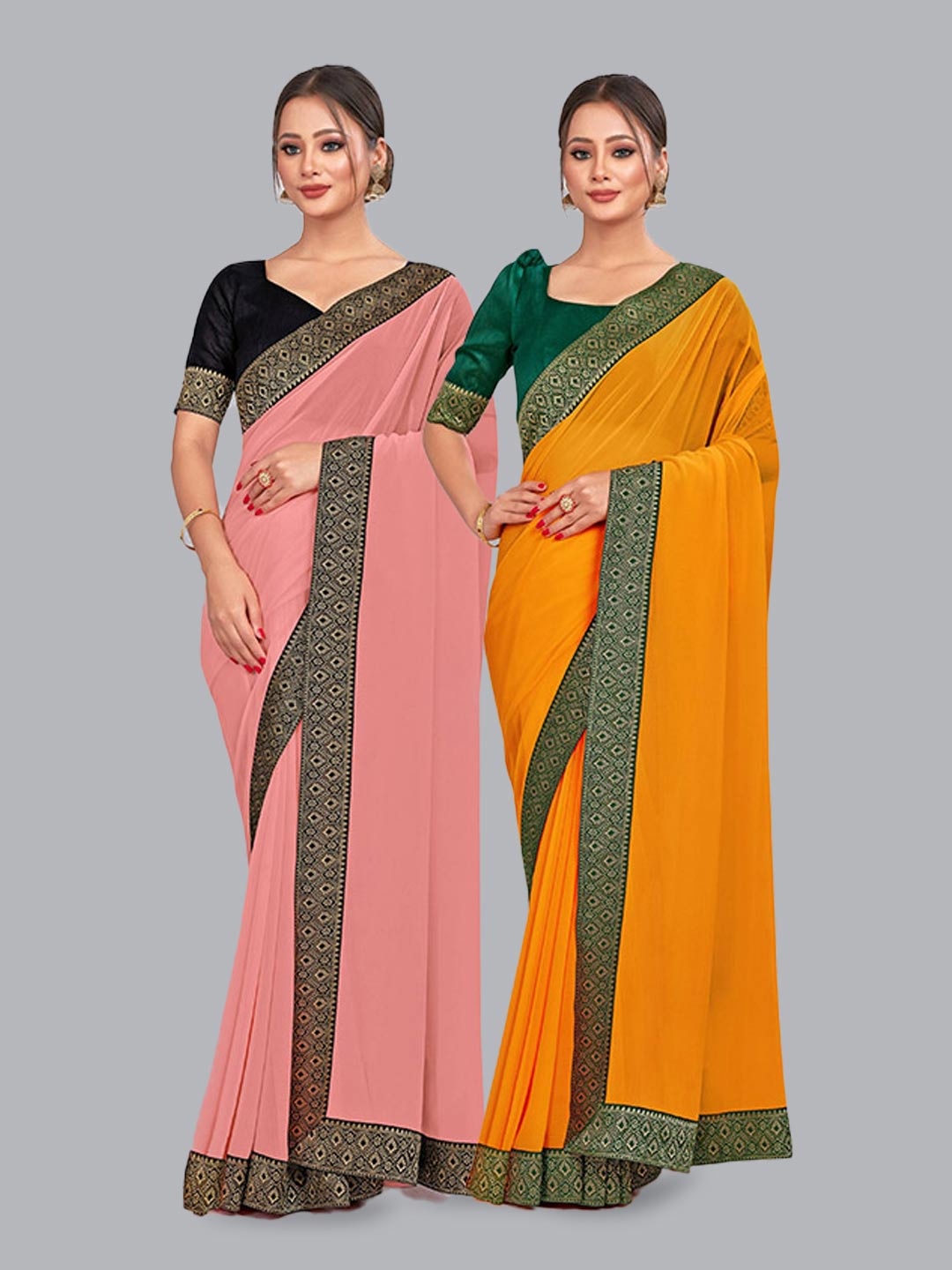 

CastilloFab Pure Georgette Lace Border Zari Saree, Peach