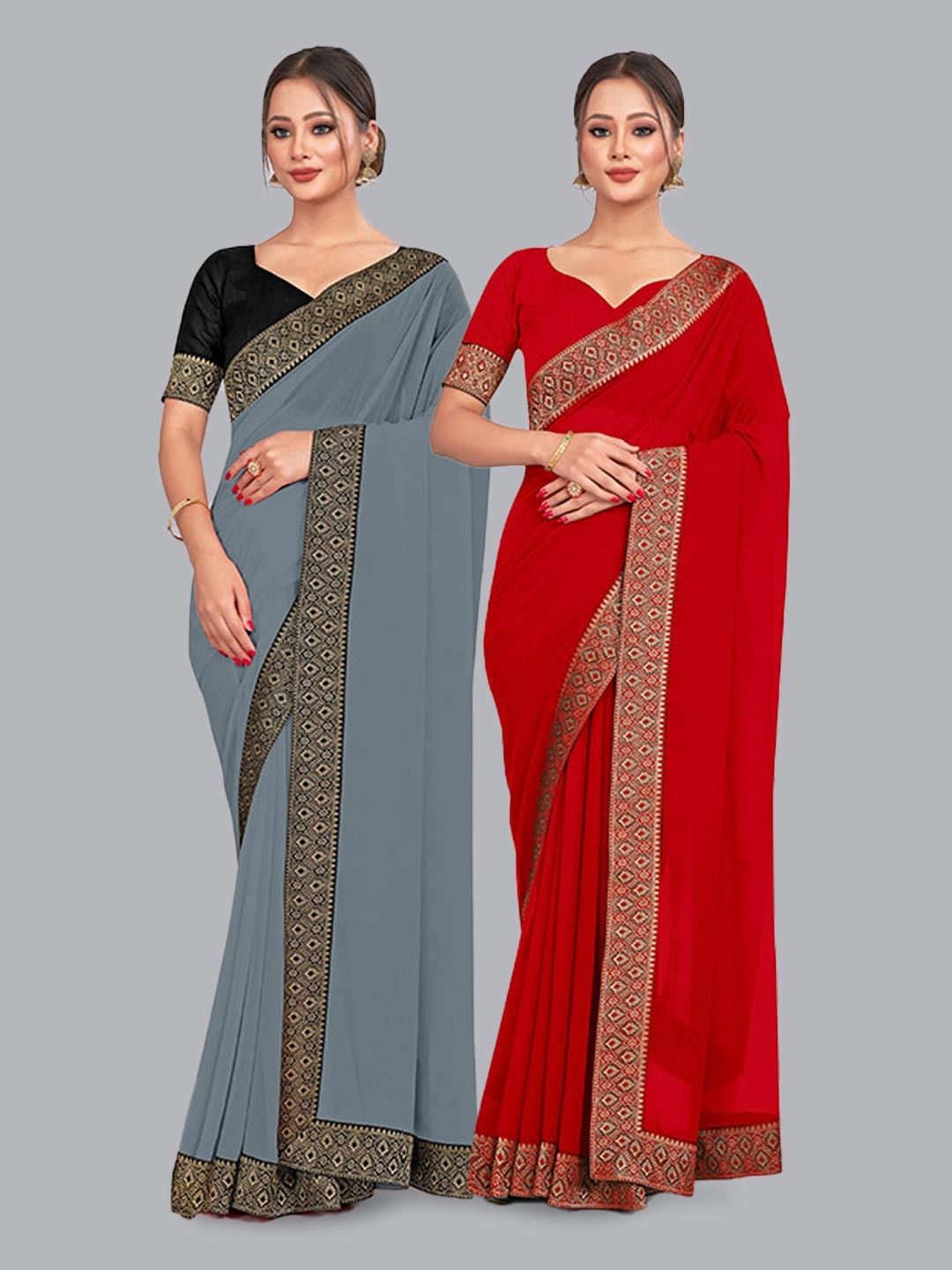 

CastilloFab Pure Georgette Lace Border Zari Saree, Grey