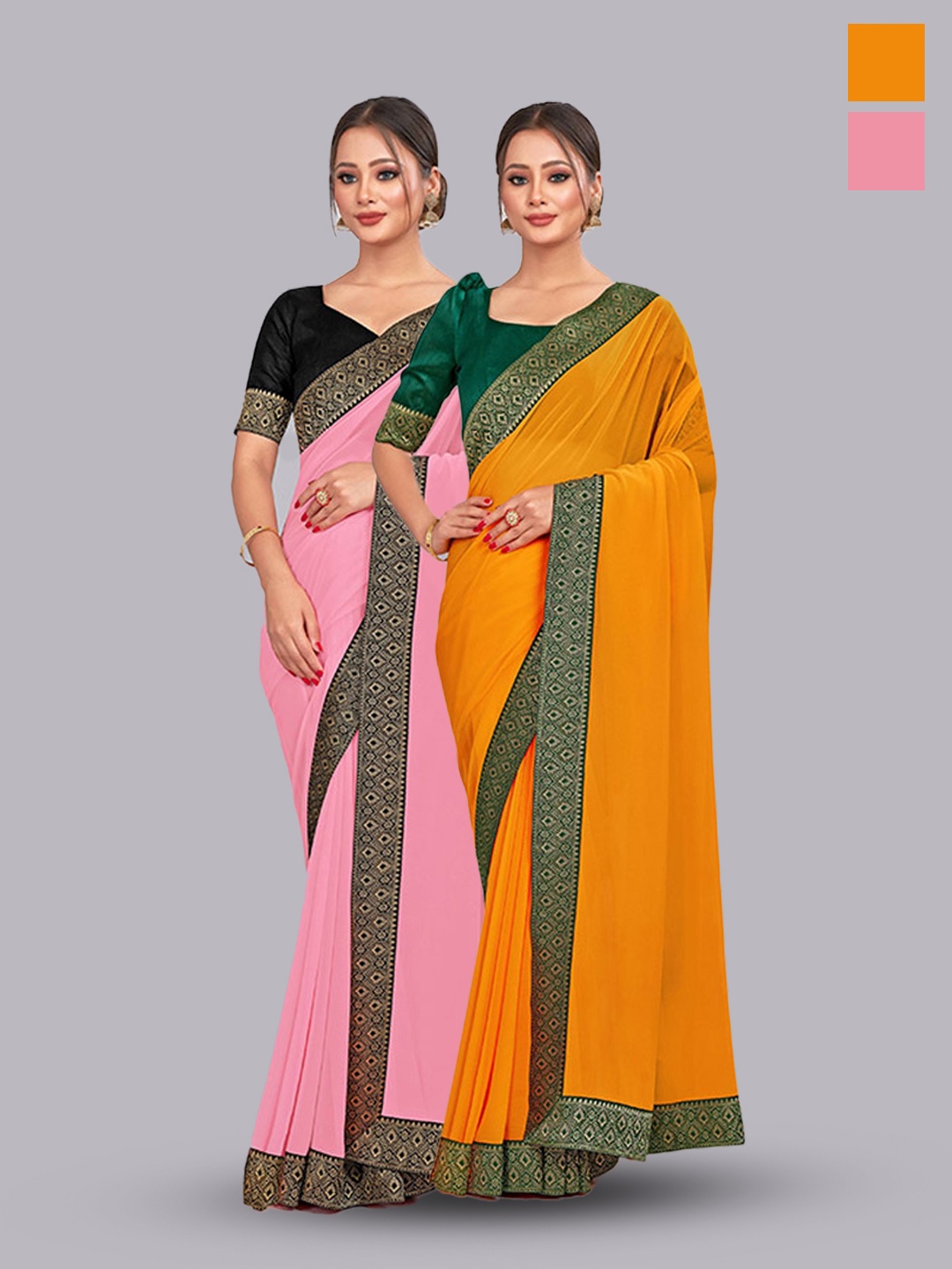 

CastilloFab Selection Of 2 Pure Georgette Zari Saree, Pink