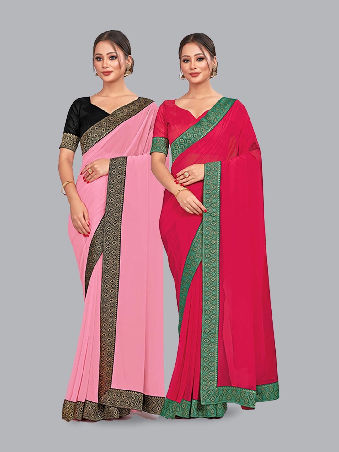 

CastilloFab Pure Georgette Lace Border Zari Saree, Pink