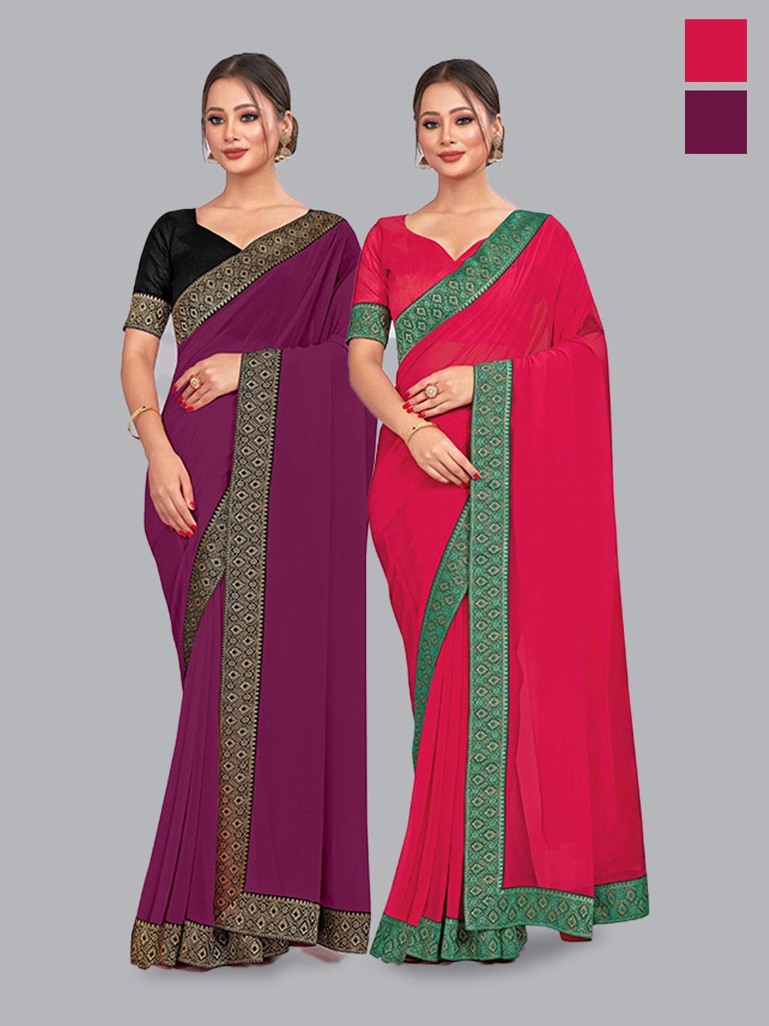

CastilloFab Selection of 2 Zari Pure Georgette Saree, Burgundy