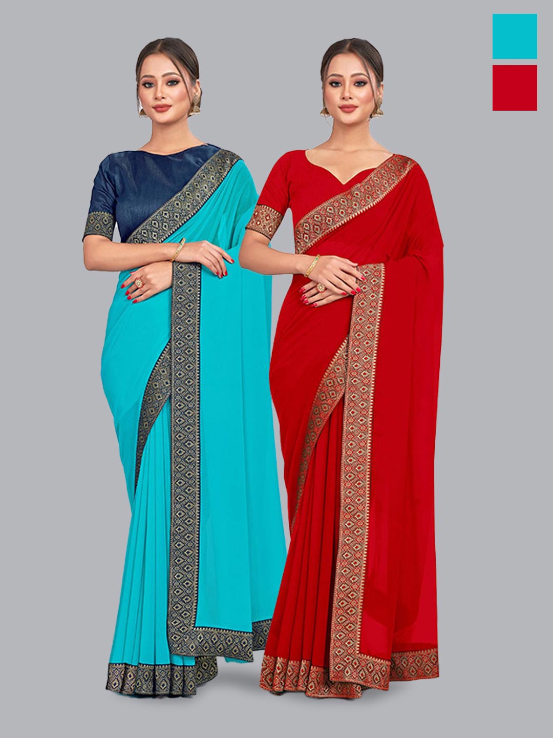 

CastilloFab Selection of 2 Zari Pure Georgette Saree, Turquoise blue