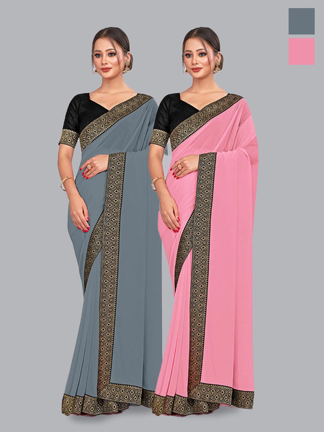 

CastilloFab Selection of 2 Zri Pure Georgette Saree, Grey
