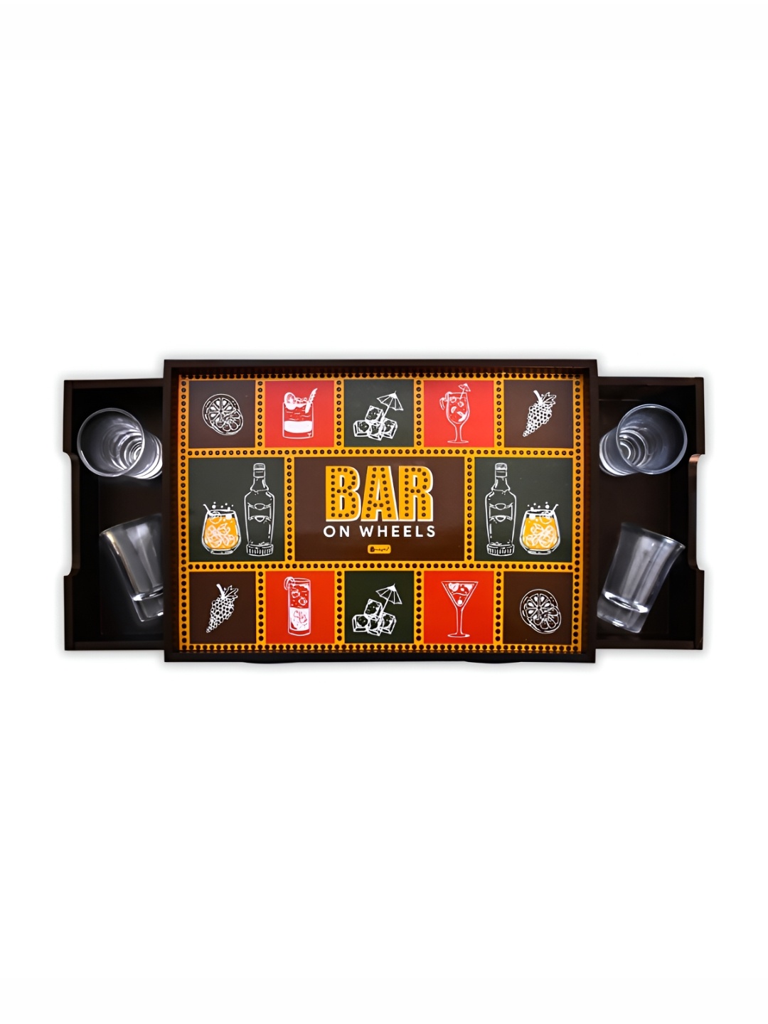 

Indigifts Brown 4 Pieces Printed Wooden Serving Tray with Shorts Glasses