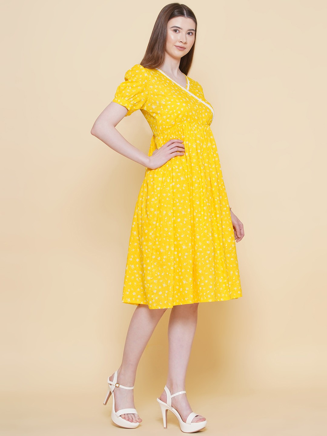 

Modish Couture Floral Print V Neck Puff Sleeve Fit & Flare Dress, Yellow