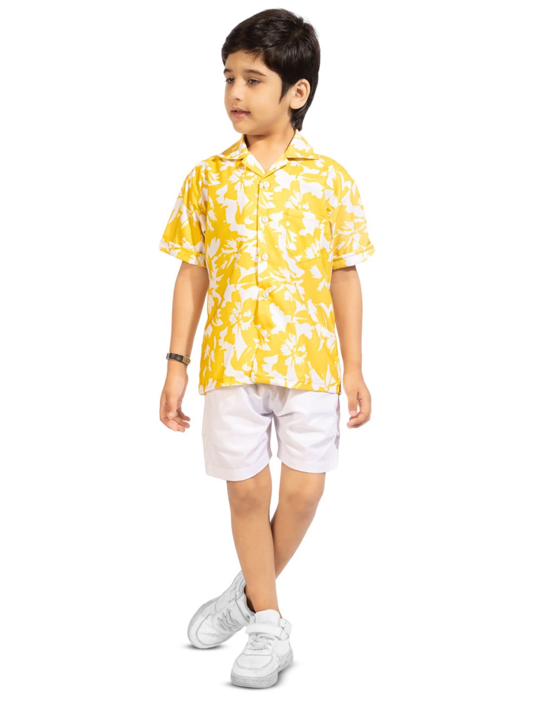 

BAESD Boys Floral Printed Pure Cotton Shirt With Shorts, Yellow