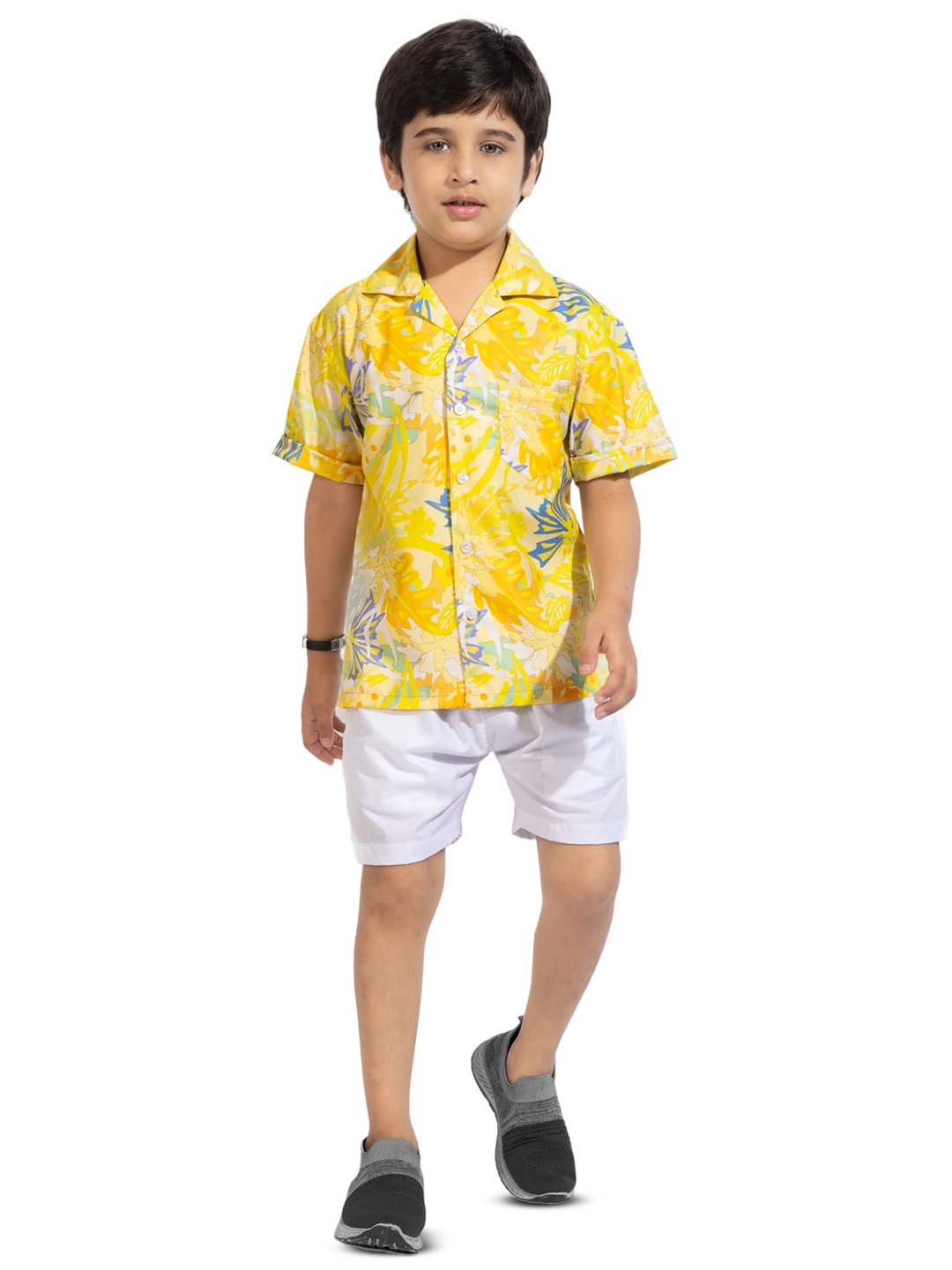 

BAESD Boys Floral Printed Pure Cotton Shirt With Shorts, Yellow