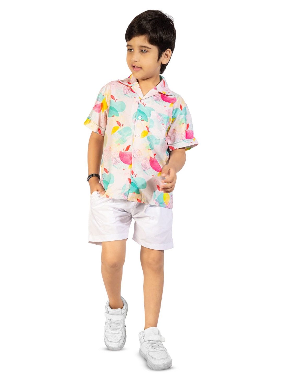 

BAESD Boys Conversational Printed Pure Cotton Shirt With Shorts, Off white