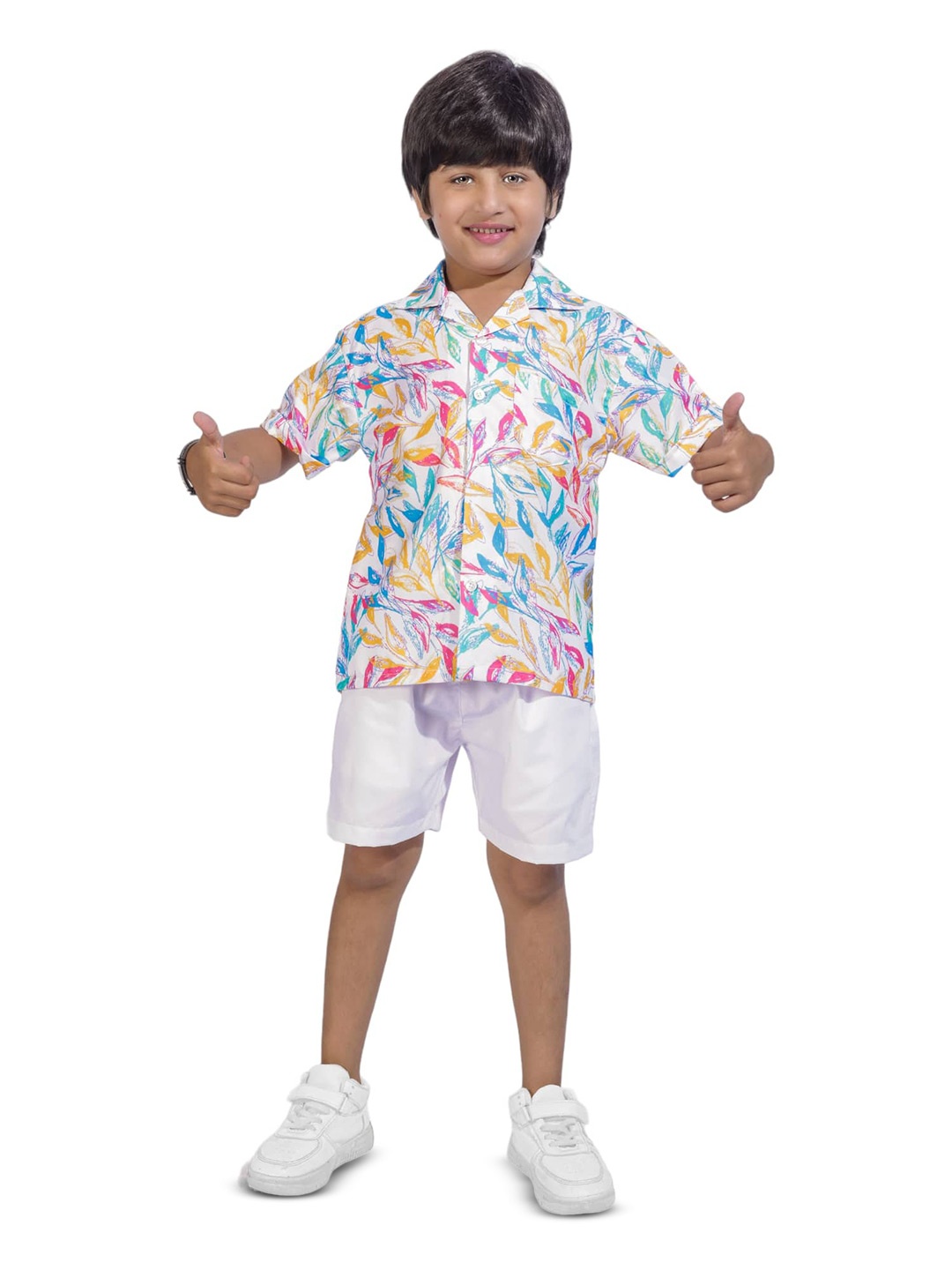 

BAESD Boys Floral Printed Pure Cotton Shirt With Shorts, White