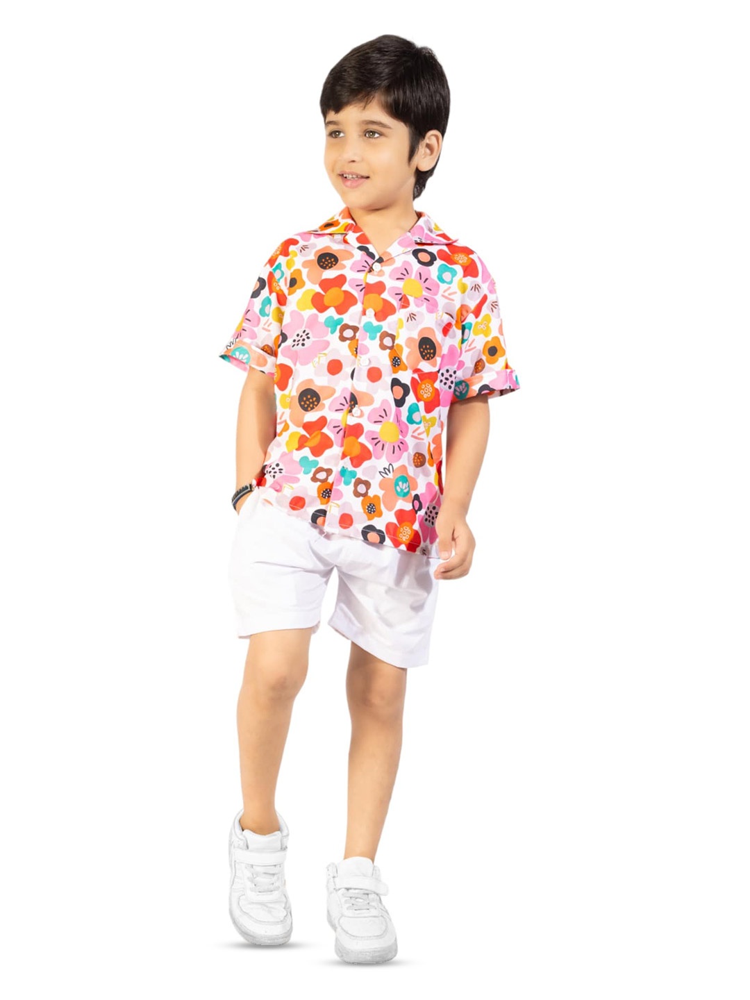

BAESD Boys Floral Printed Pure Cotton Shirt With Shorts, White