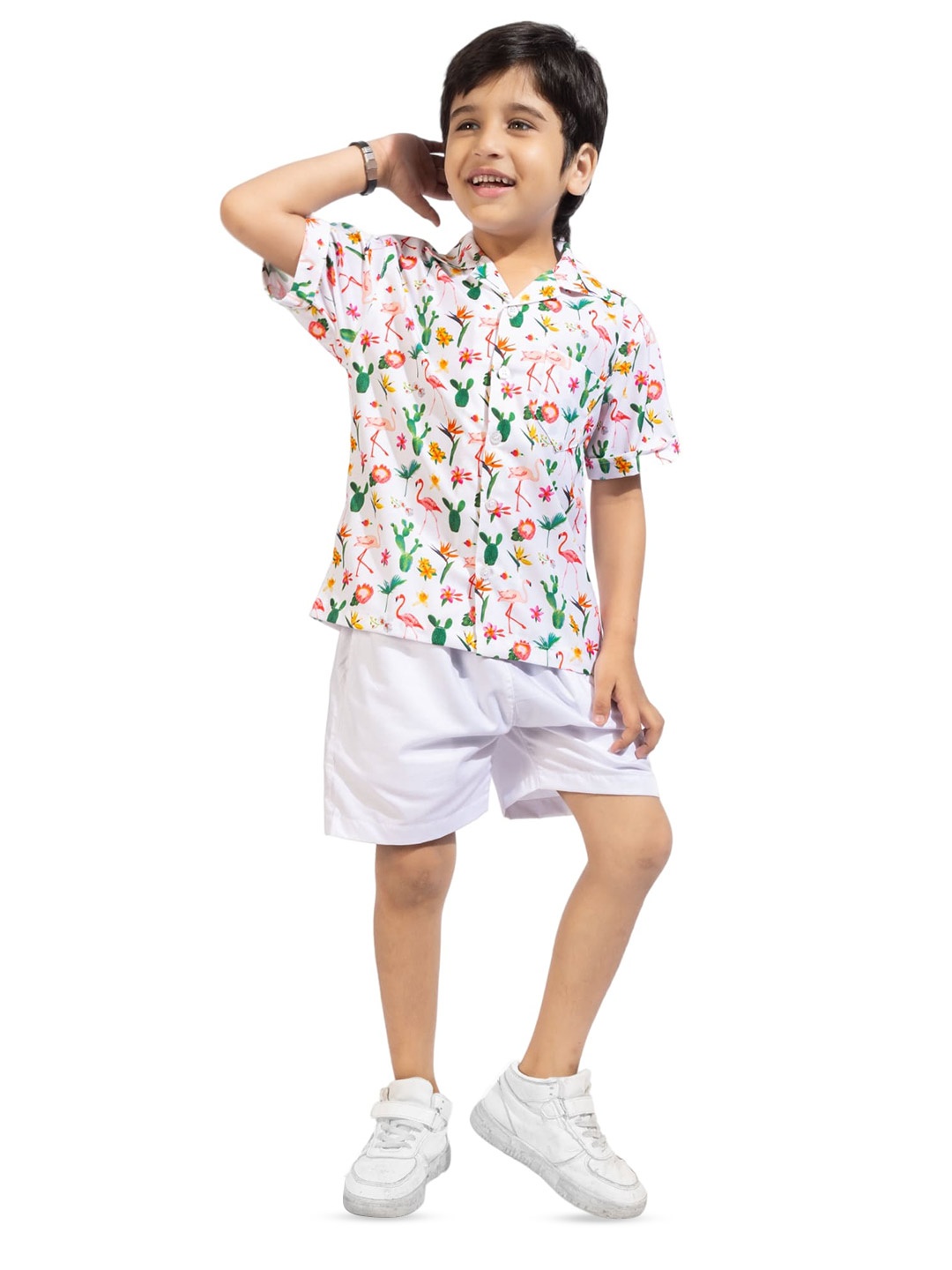 

BAESD Boys Floral Printed Pure Cotton Shirt with Shorts, White