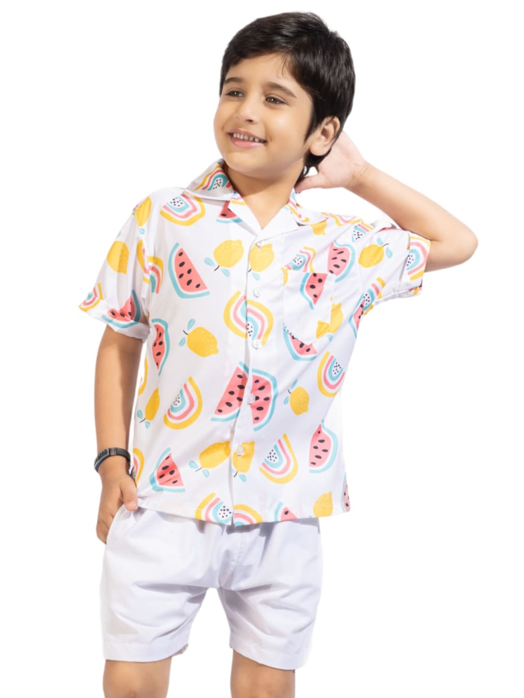 

BAESD Boys Conversational Printed Pure Cotton Shirt With Shorts, White