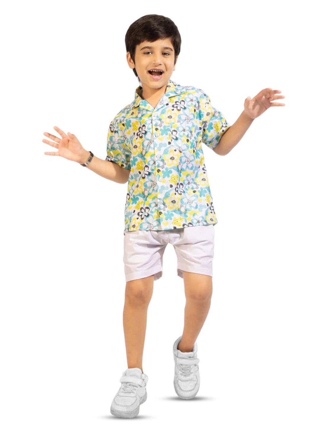 

BAESD Boys Floral Printed Pure Cotton Shirt With Shorts, White