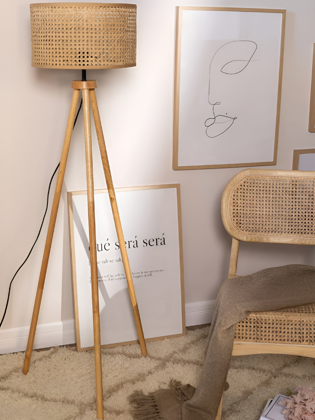 

akway Beige Textured Tripod Wooden Cylindrical Floor Lamp