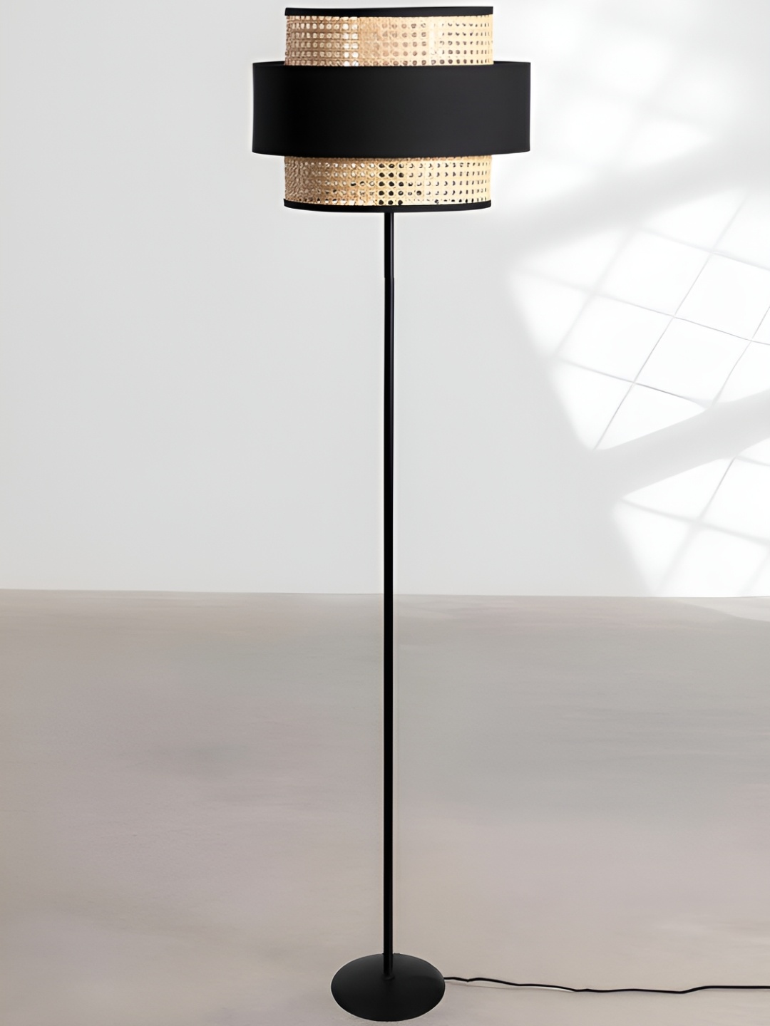 

akway Black & Beige Textured Cane Webbing Wooden Cylindrical Floor Lamp