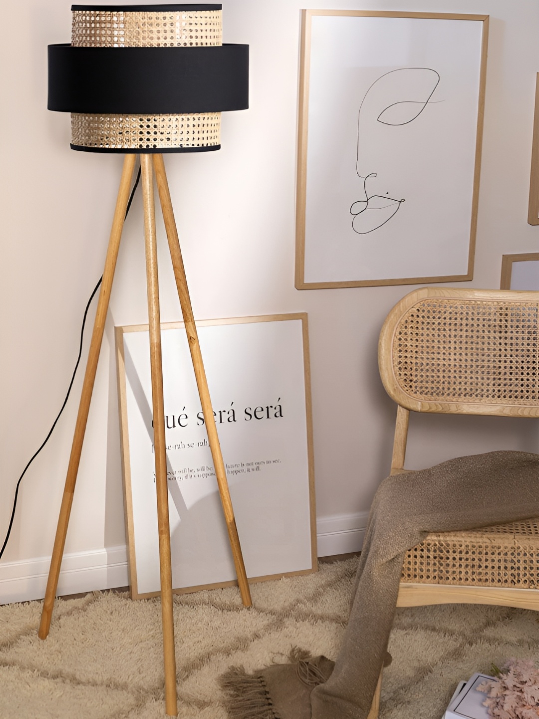 

akway Black & Beige Textured Cane Webbing Wooden Cylindrical Floor Lamp