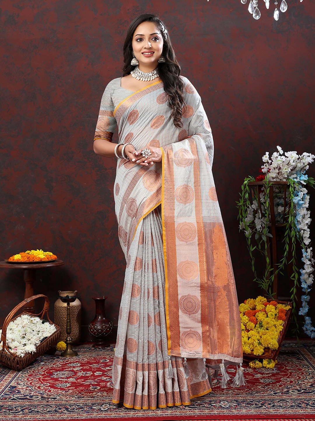 

KALINI Grey Ethnic Motifs Woven Design Zari Cotton Banarasi Saree