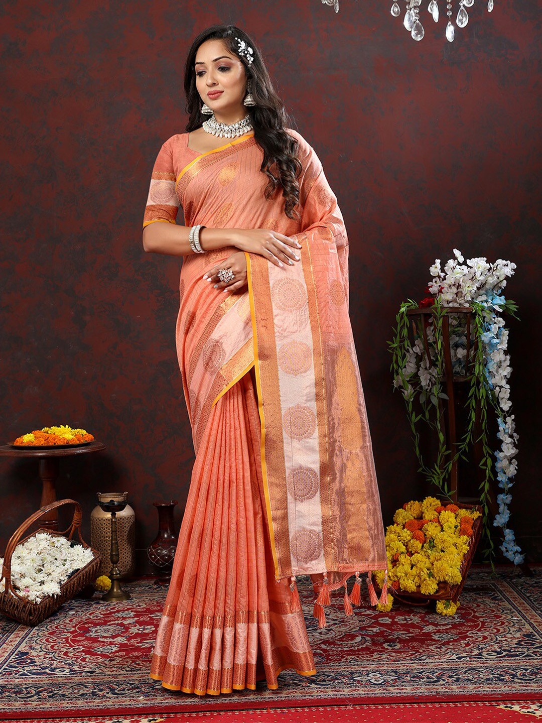 

KALINI Ethnic Motifs Woven Design Zari Banarasi Saree, Peach