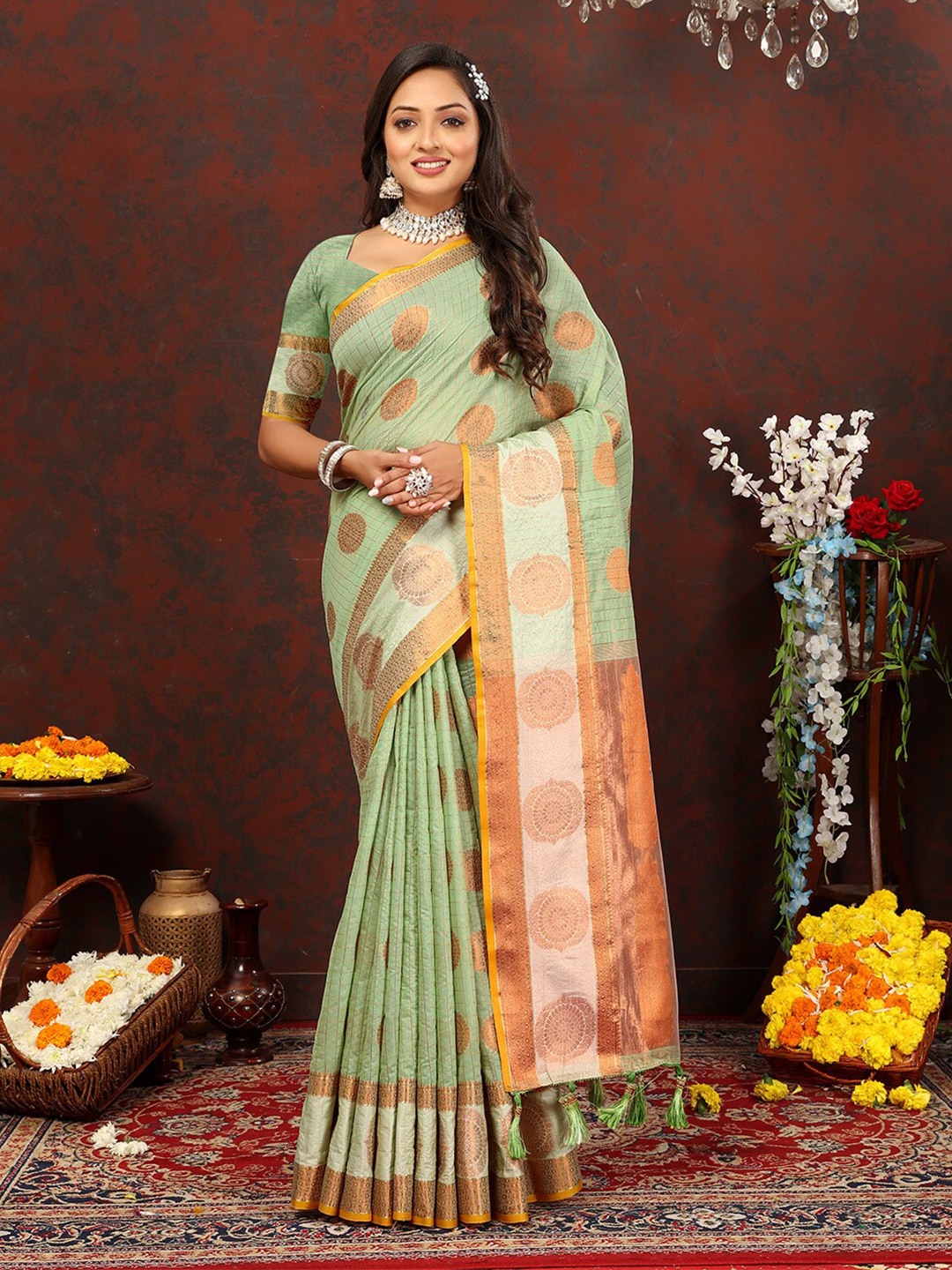 

KALINI Sea Ethnic Motifs Green Woven Design Zari Cotton Banarasi Saree, Sea green