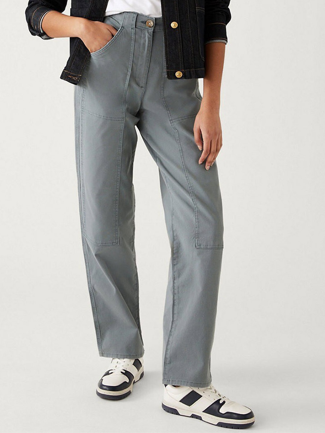 

Marks & Spencer Women Relaxed Straight Fit High-Rise Trousers, Blue