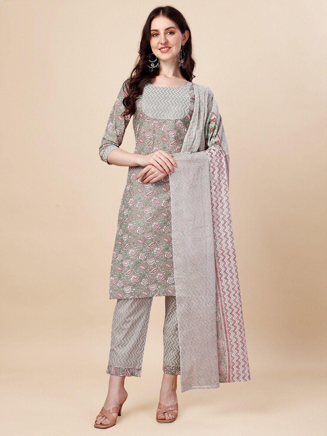 

Dhyey Fashion Floral Printed Pure Cotton Kurta With Trouser & Duppata, Green