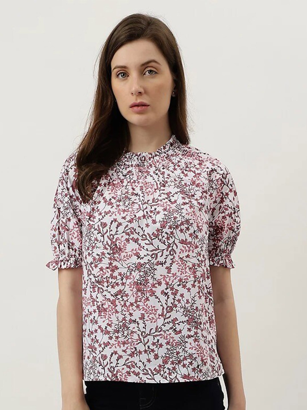 

Marks & Spencer Floral Printed Round Neck Short Sleeves Cotton Top, White