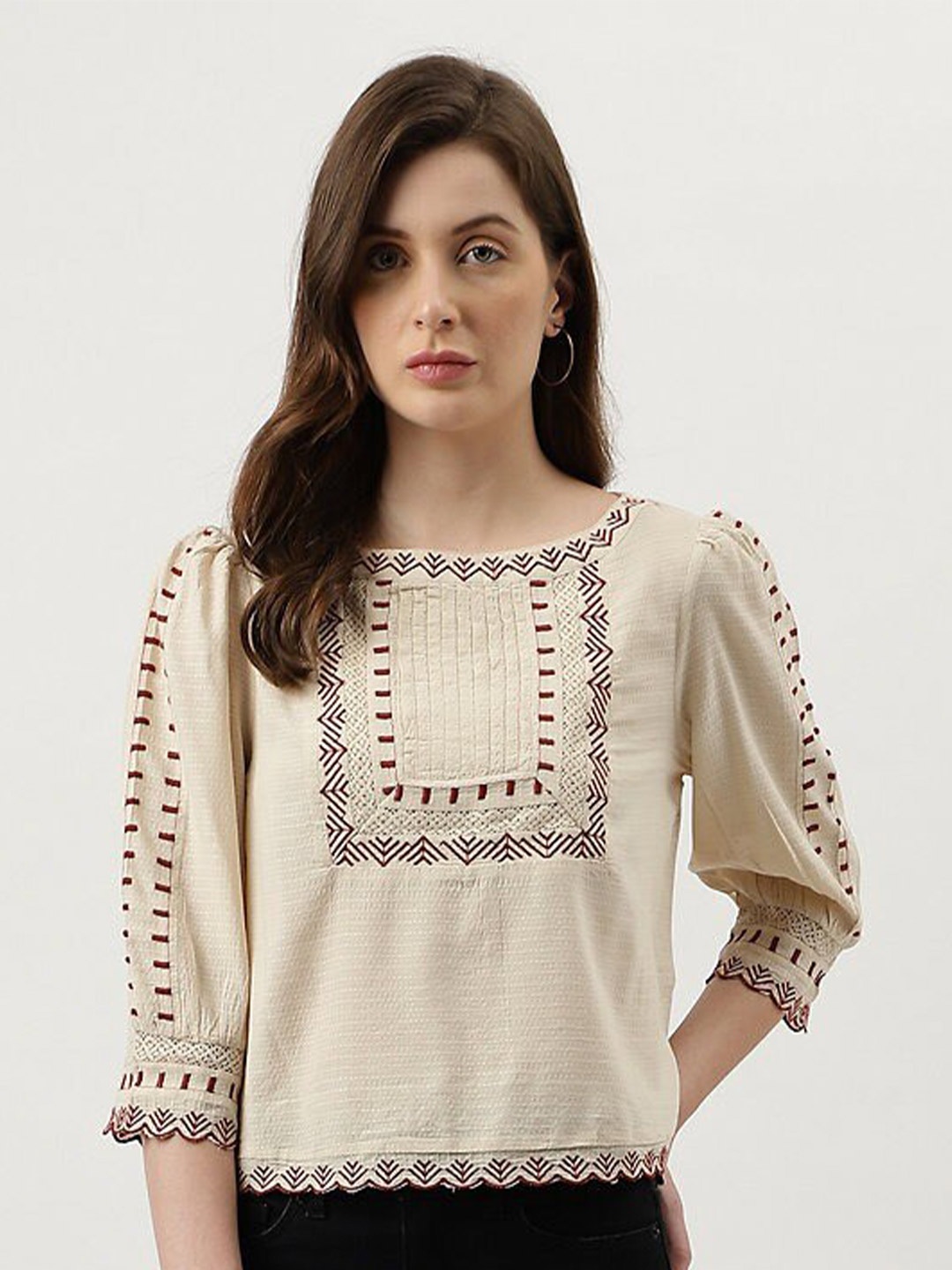 

Marks & Spencer Embroidered Round Neck Three-Quarter Sleeves Casual Top, Beige