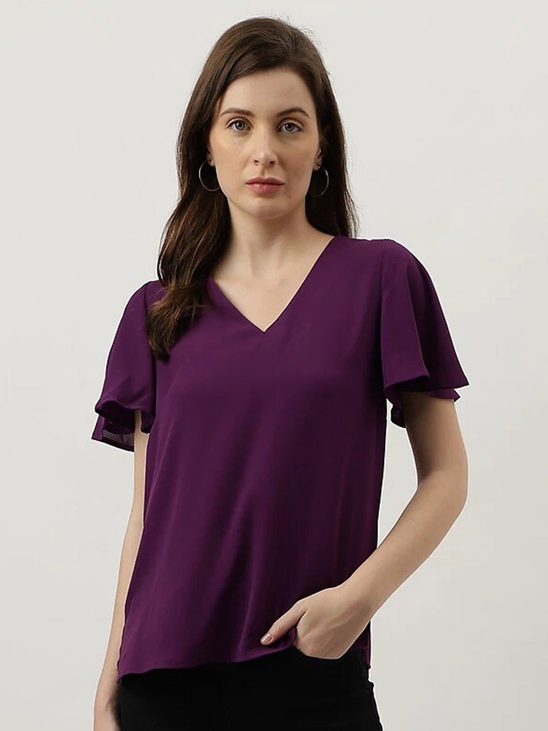 

Marks & Spencer V-Neck Flared Sleeves Casual Top, Purple