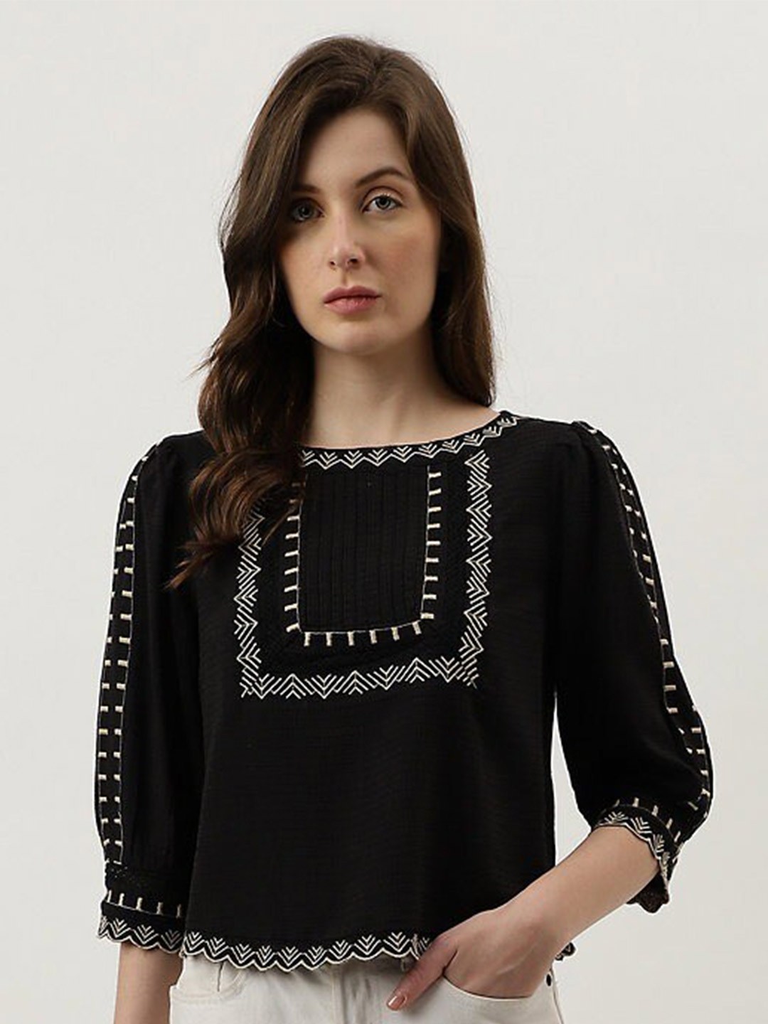 

Marks & Spencer Geometric Embroidered Round Neck Casual Top, Black