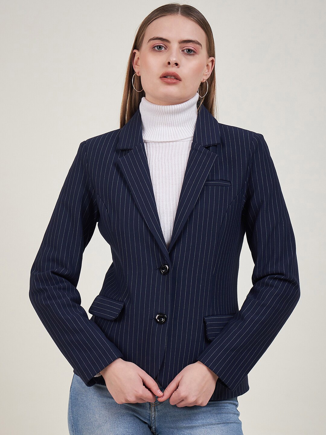 

STYLE BLUSH Striped Tapered Fit Blazers, Navy blue