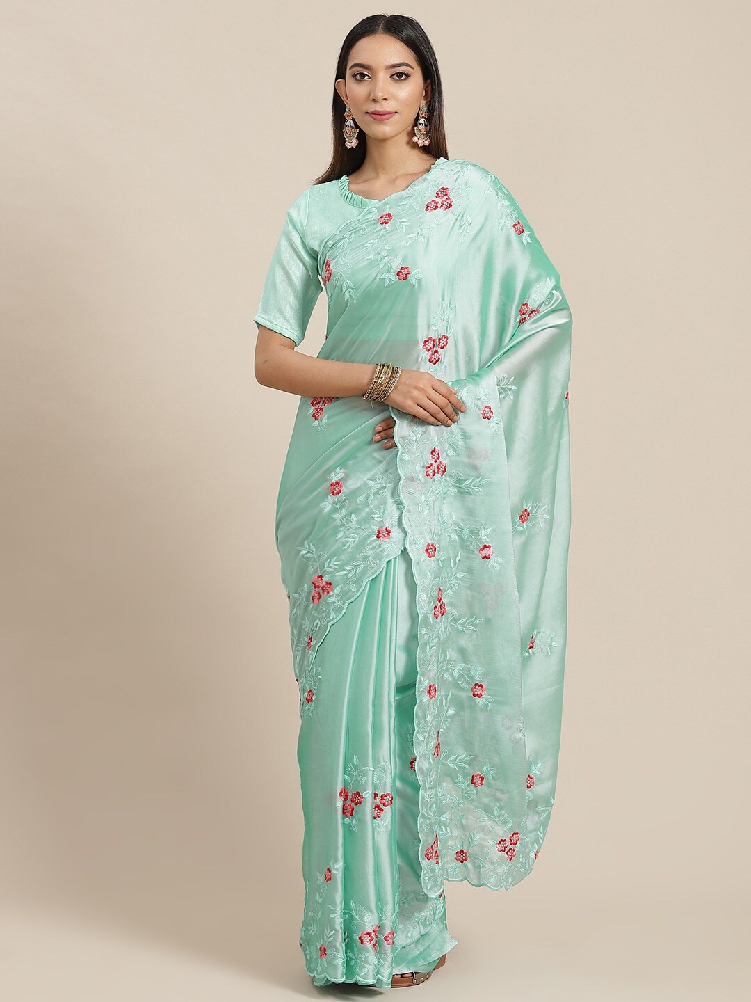 Mitera Turquoise Blue Floral Thread Embroidered Saree