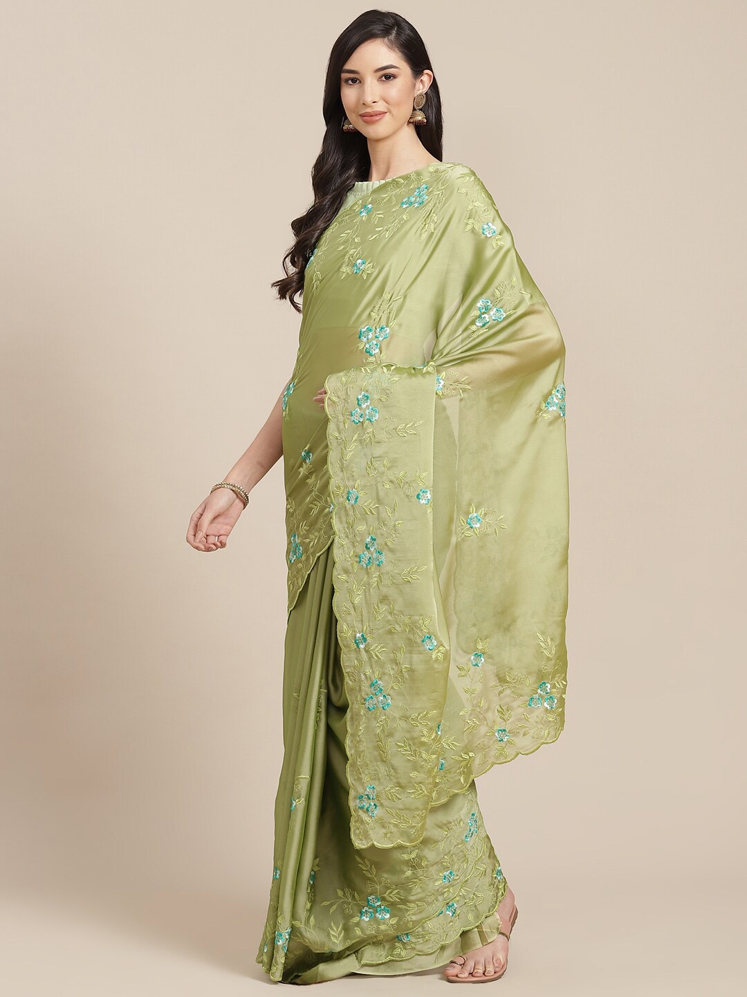 

Mitera Sea Green Floral Thread Embroidered Saree