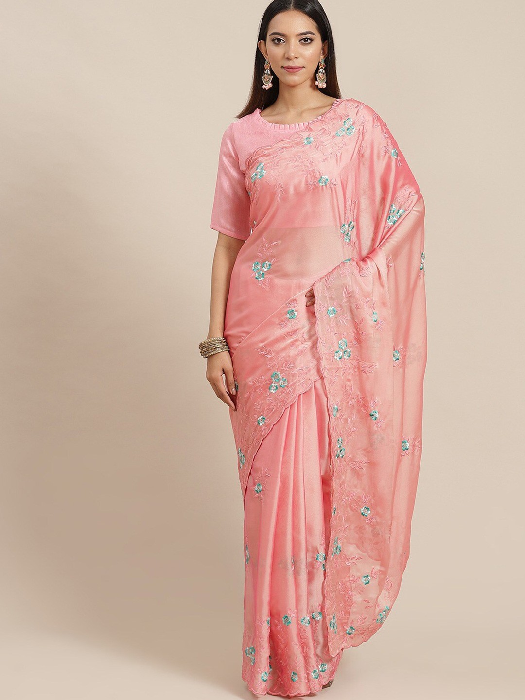 

Mitera Pink Floral Thread Embroidered Saree