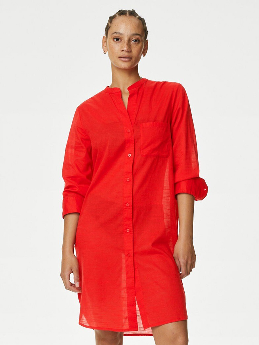 

Marks & Spencer Mandarin Collar Pure Cotton Swimwear Cover up Shirt, Red