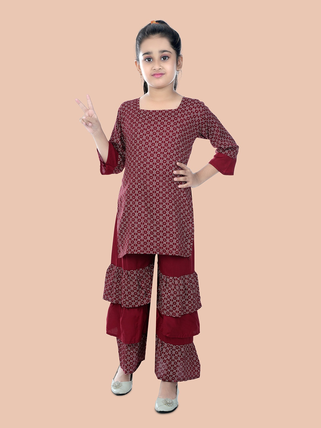 

BAESD Girls Maroon and White Printed Regular Kurta with Sharara sets