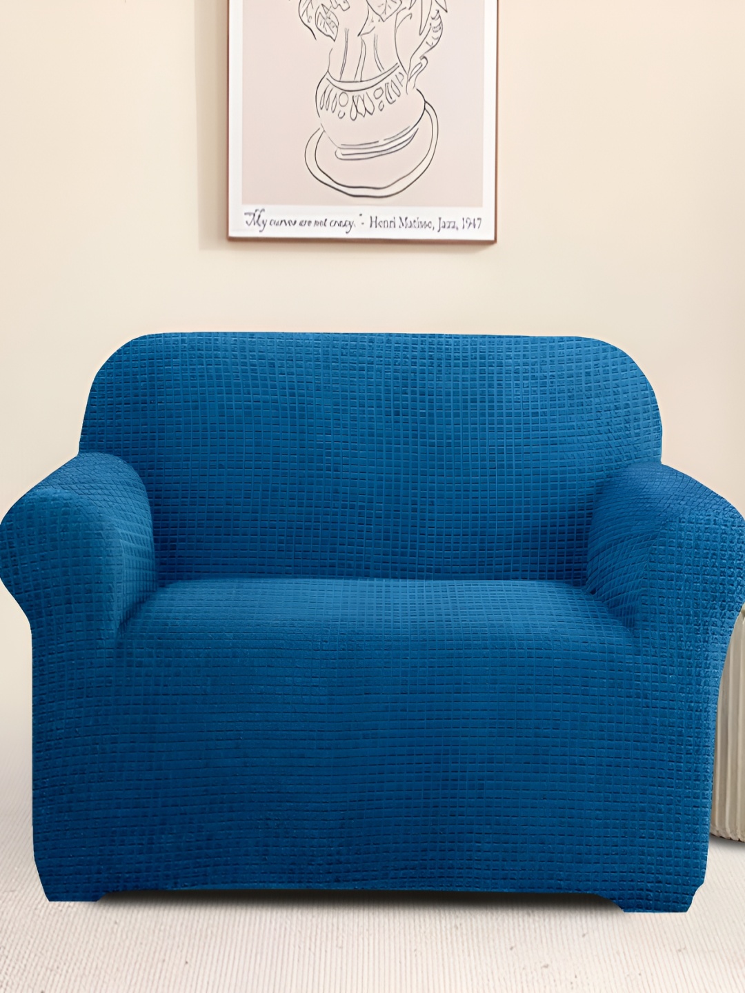 

Cortina Checked Jacquard Stretchable One Seater Sofa Cover With Arms, Blue