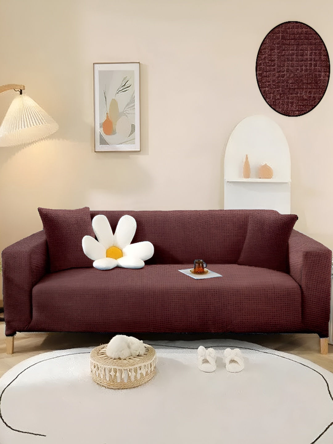 

Cortina Brown Checked Jacquard Stretchable 3 Seater Sofa Cover With Arms