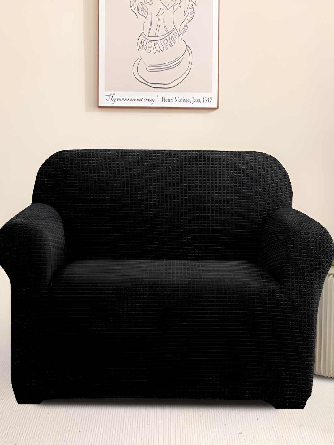 

Cortina Checked Jacquard Stretchable One Seater Sofa Cover With Arms, Black