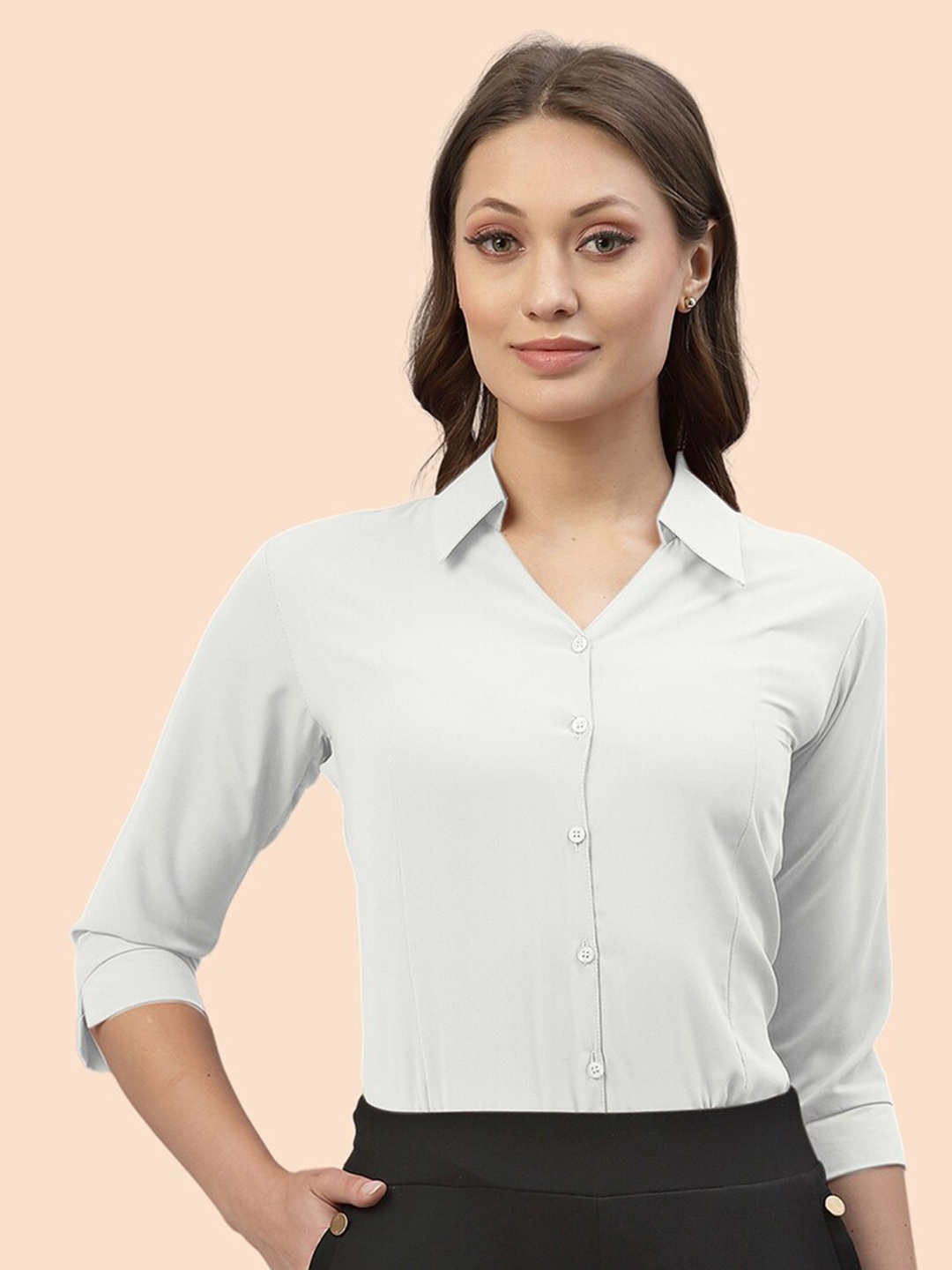 

Selvia Spread Collar Long Sleeves Opaque Casual Shirt, White