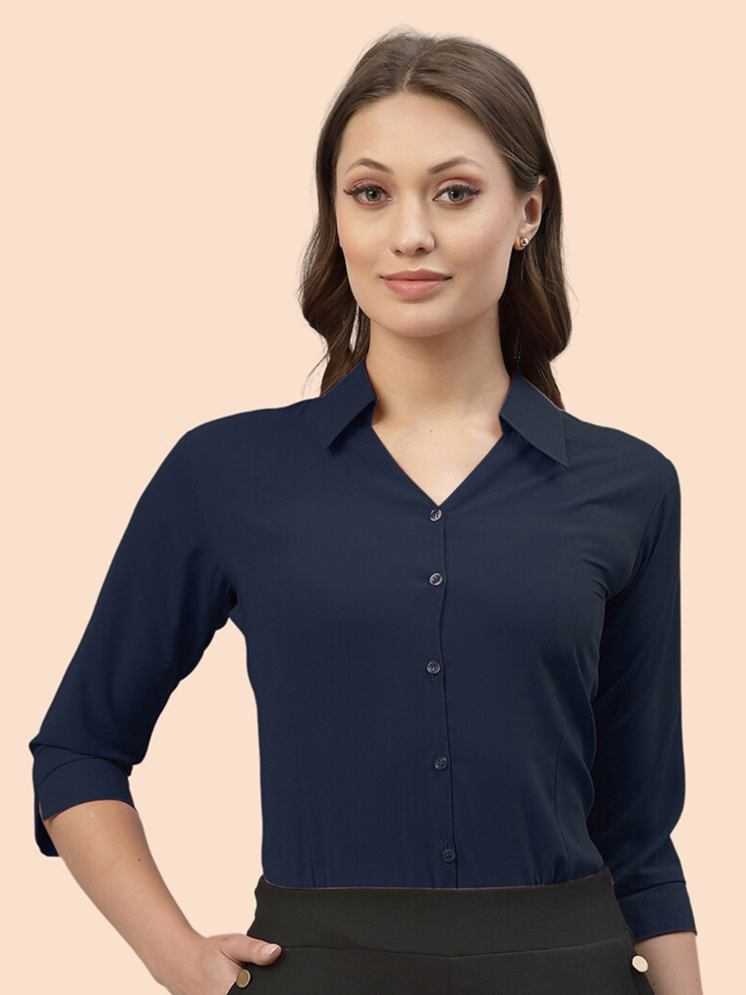 

Selvia Spread Collar Long Sleeves Opaque Casual Shirt, Navy blue