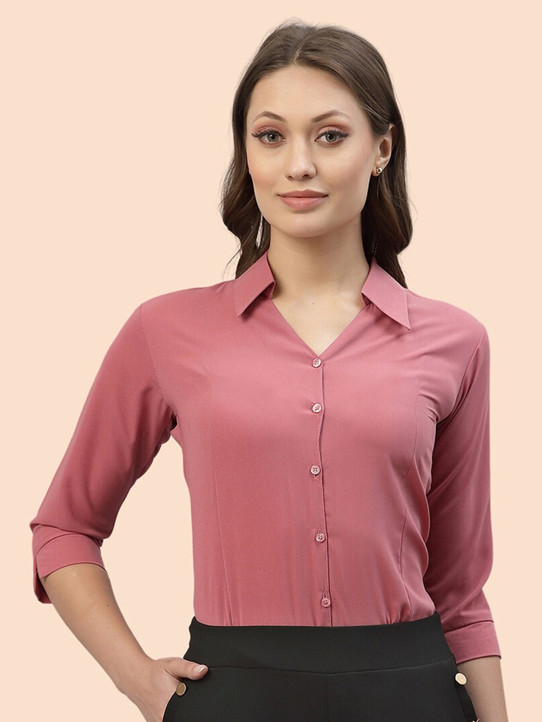 

Selvia Spread Collar Long Sleeves Opaque Casual Shirt, Pink