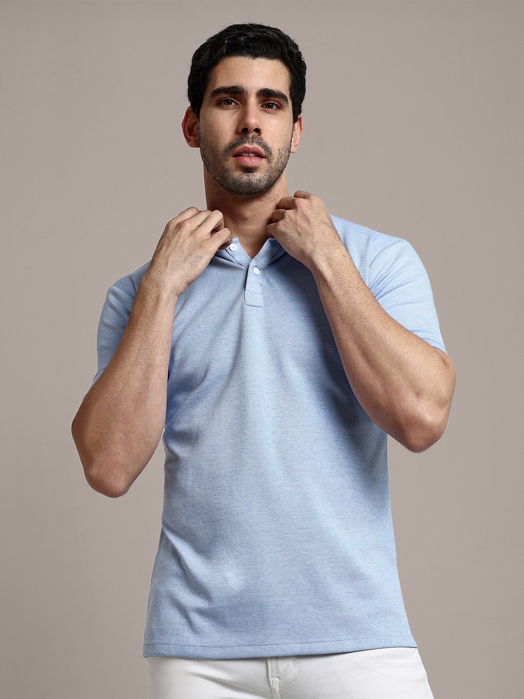 

GRECIILOOKS Polo Collar Three-Quarter Sleeves Cotton Casual T shirt, Blue