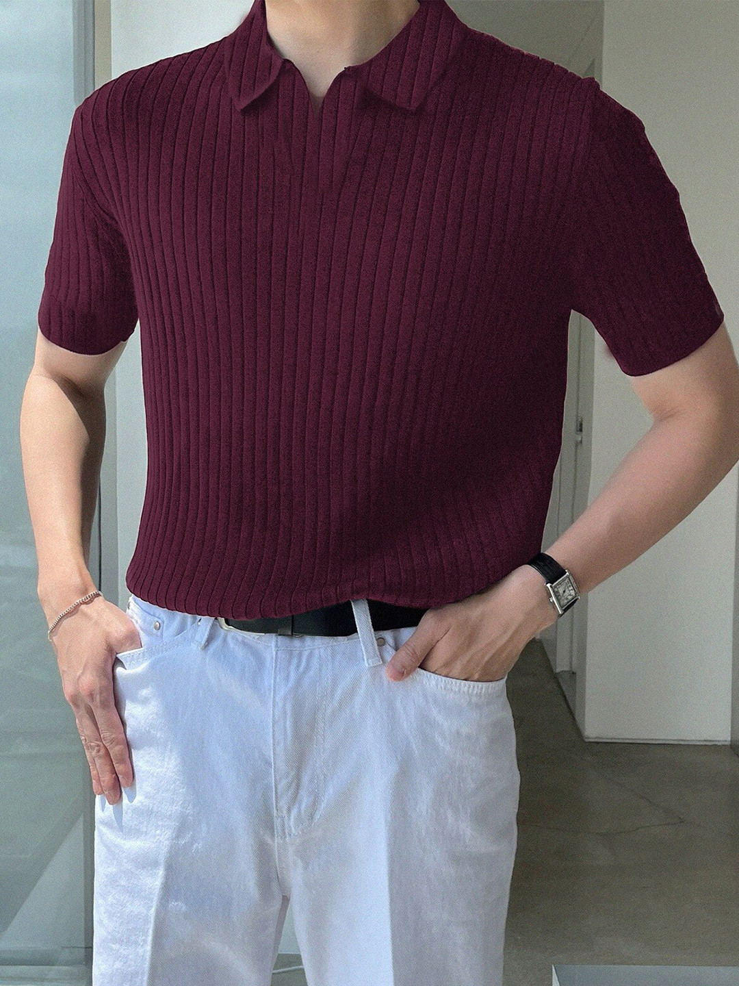 

GRECIILOOKS Self Design Polo Collar Short Sleeves T-shirt, Magenta