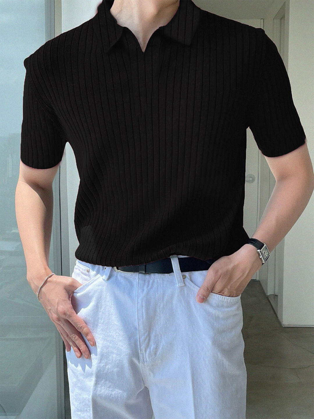 

GRECIILOOKS Striped Polo Collar Cotton Casual T-shirt, Black