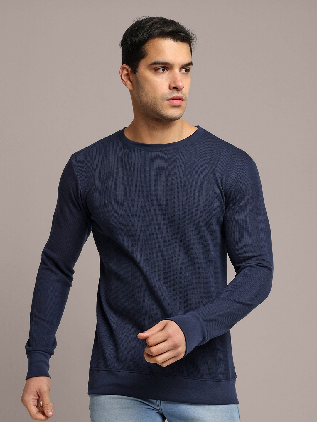 

GRECIILOOKS Long Sleeves Round Neck Cotton Casual T-shirt, Blue