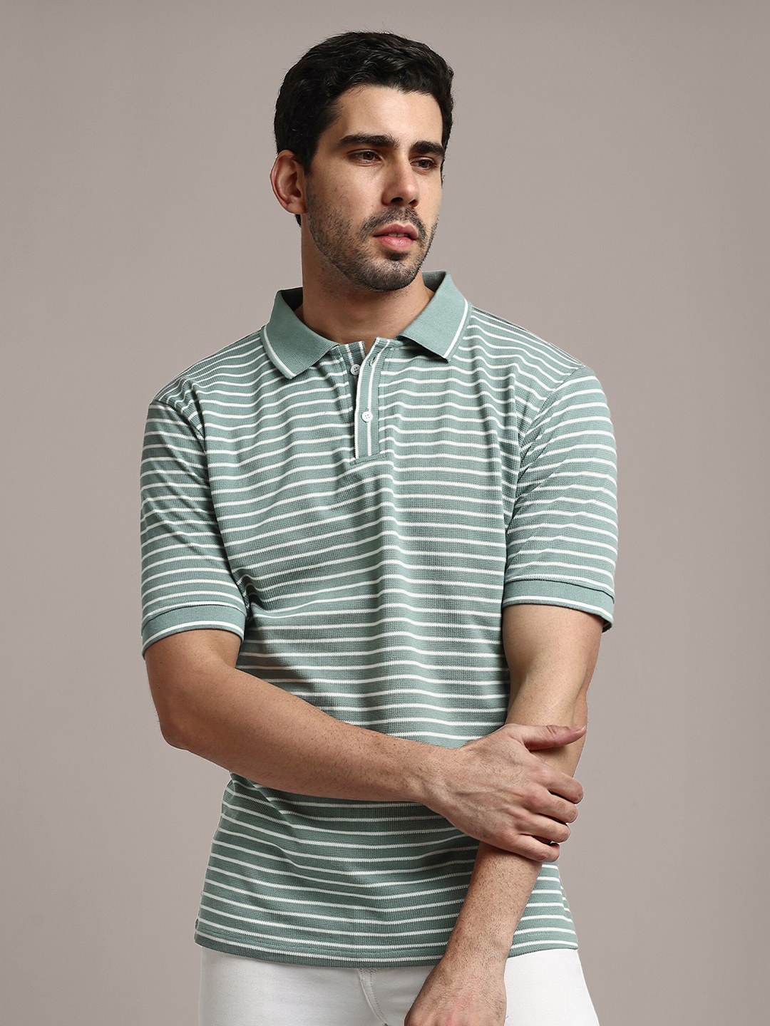 

GRECIILOOKS Striped Polo Collar Three-Quarter Sleeves Cotton Casual T shirt, Green