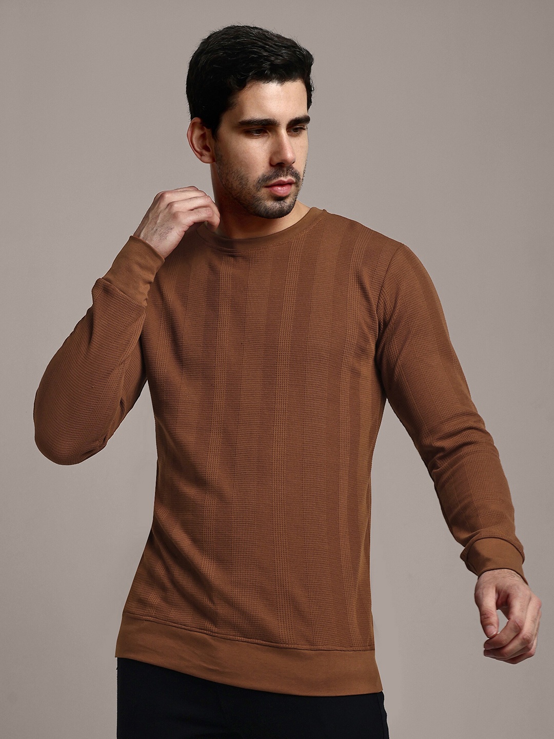 

GRECIILOOKS Self Design Full Sleeves Casual T-shirt, Brown