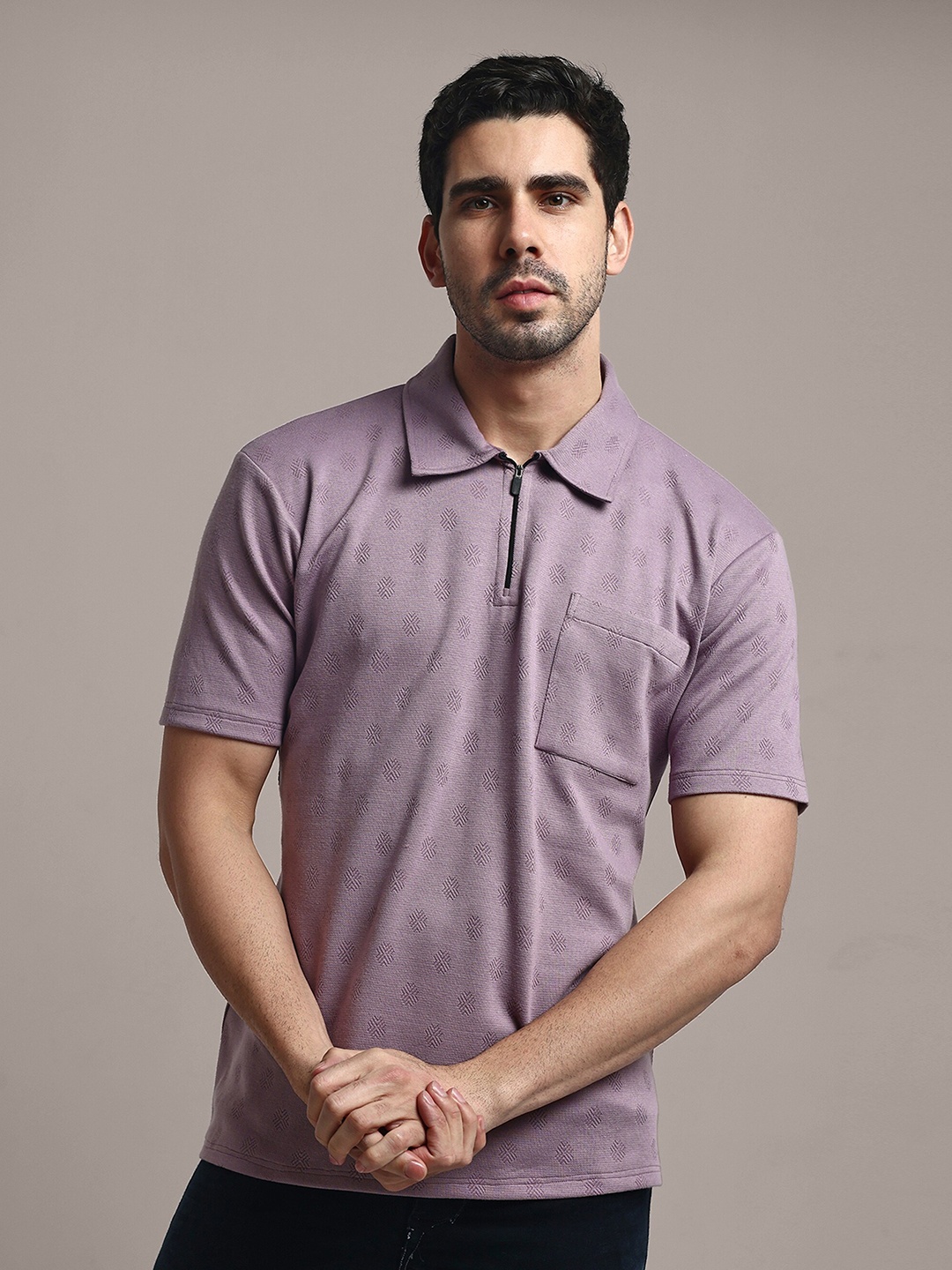 

GRECIILOOKS Printed Polo Collar Cotton Casual T-shirt, Purple